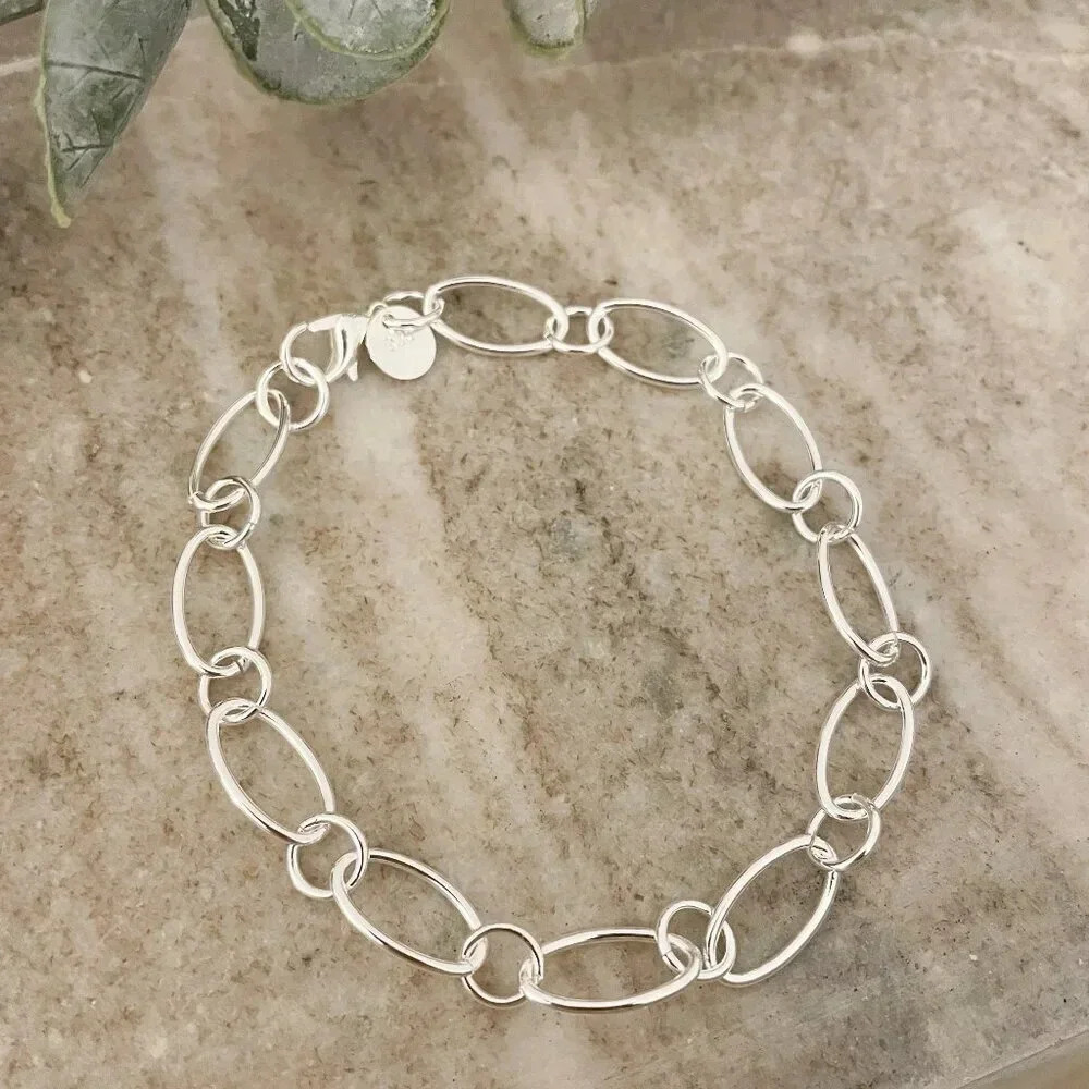 925 Sterling Silver Oval Link Bracelet Dainty Bracelet Round Circle Link Chain